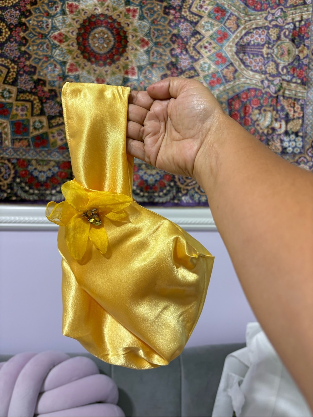 Yellow Satin Floral Wristlet Bag with Flower Accent
